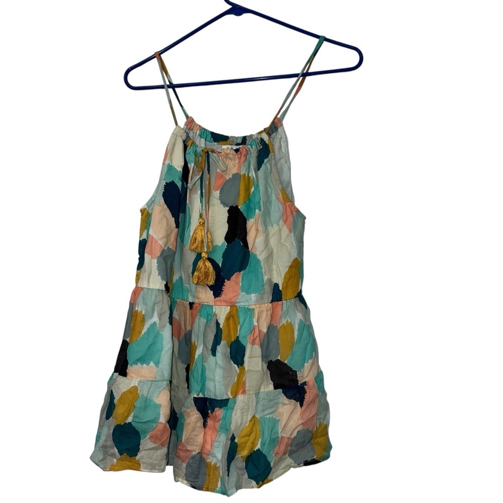 THML Boho Multicolor Print Cotton Ruffle Tank Top Spaghetti Strap Tassel Sz Smal